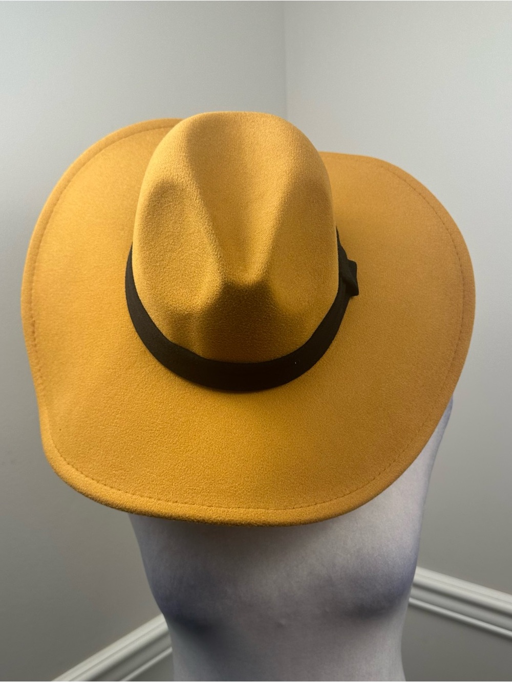 French Connection Camel Faux Felt Wide-Brim Hat with Black Band O/S NEW